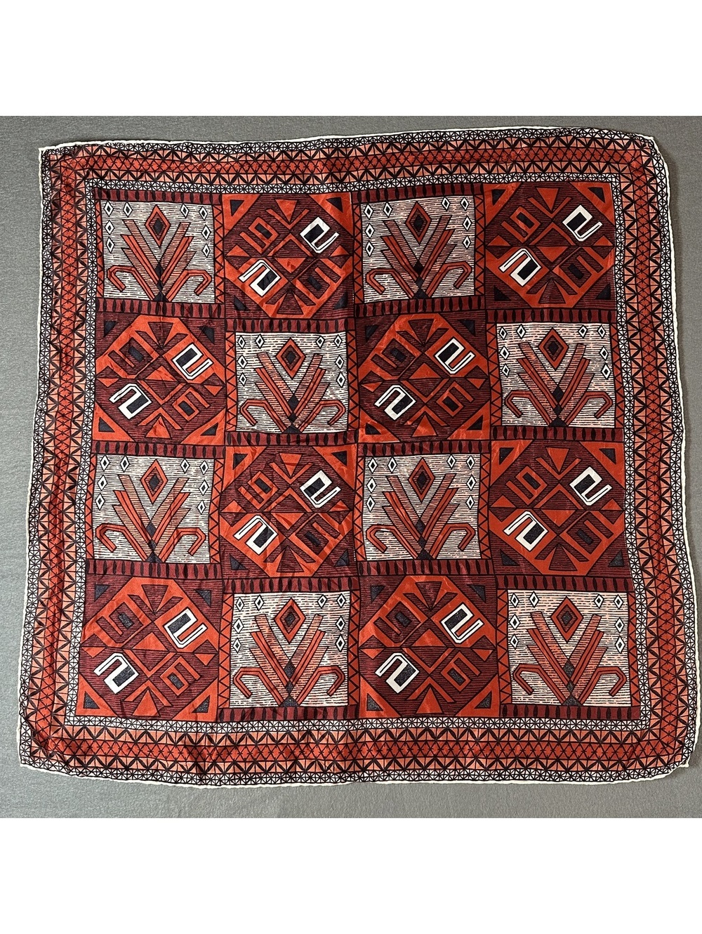 Vintage Geometric Patterned Square Scarf in Orange and Brown